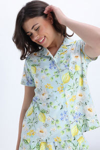 Zivame Citrus Summer Knit Poly Pyjama Set - Pale Blue — thumbnail 2